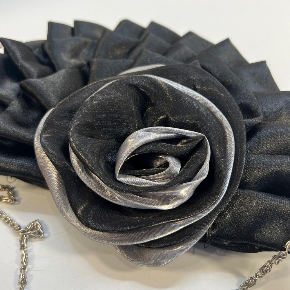 Black Satin Evening Clutch Purse Silver Frame Chain Strap Floral Ruffle Design - Picture 2 of 4